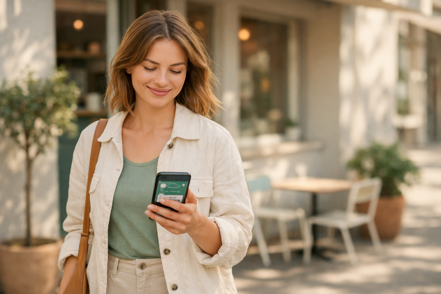 Customer walking away relaxed while looking at a phone after collecting stamps with StampBoost