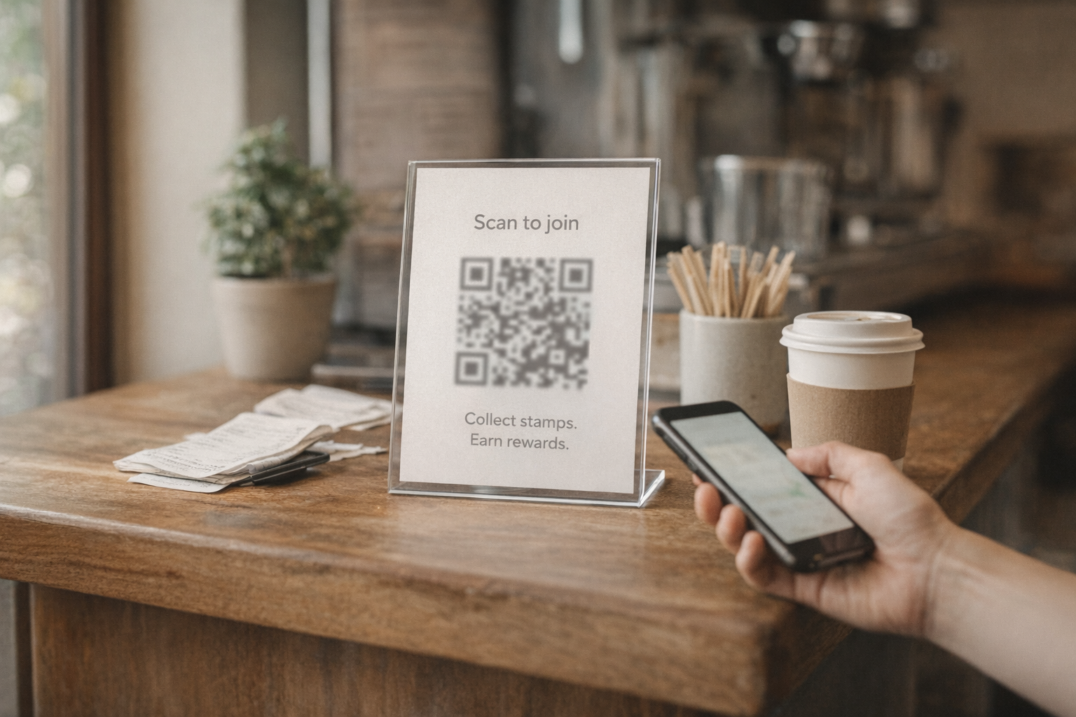 Storefront QR poster for customers to scan and join the StampBoost loyalty card