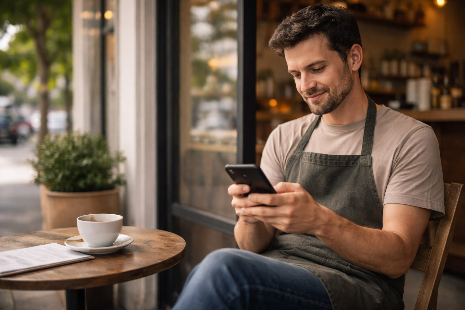 Manager checking daily scans and redemptions on phone dashboard in StampBoost